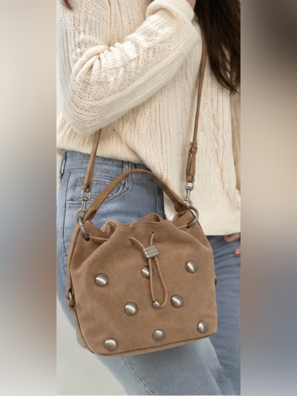 Vince Camuto | Genuine Leather Cappuccino Studded Bucket Bag w/ Crossbody Strap
